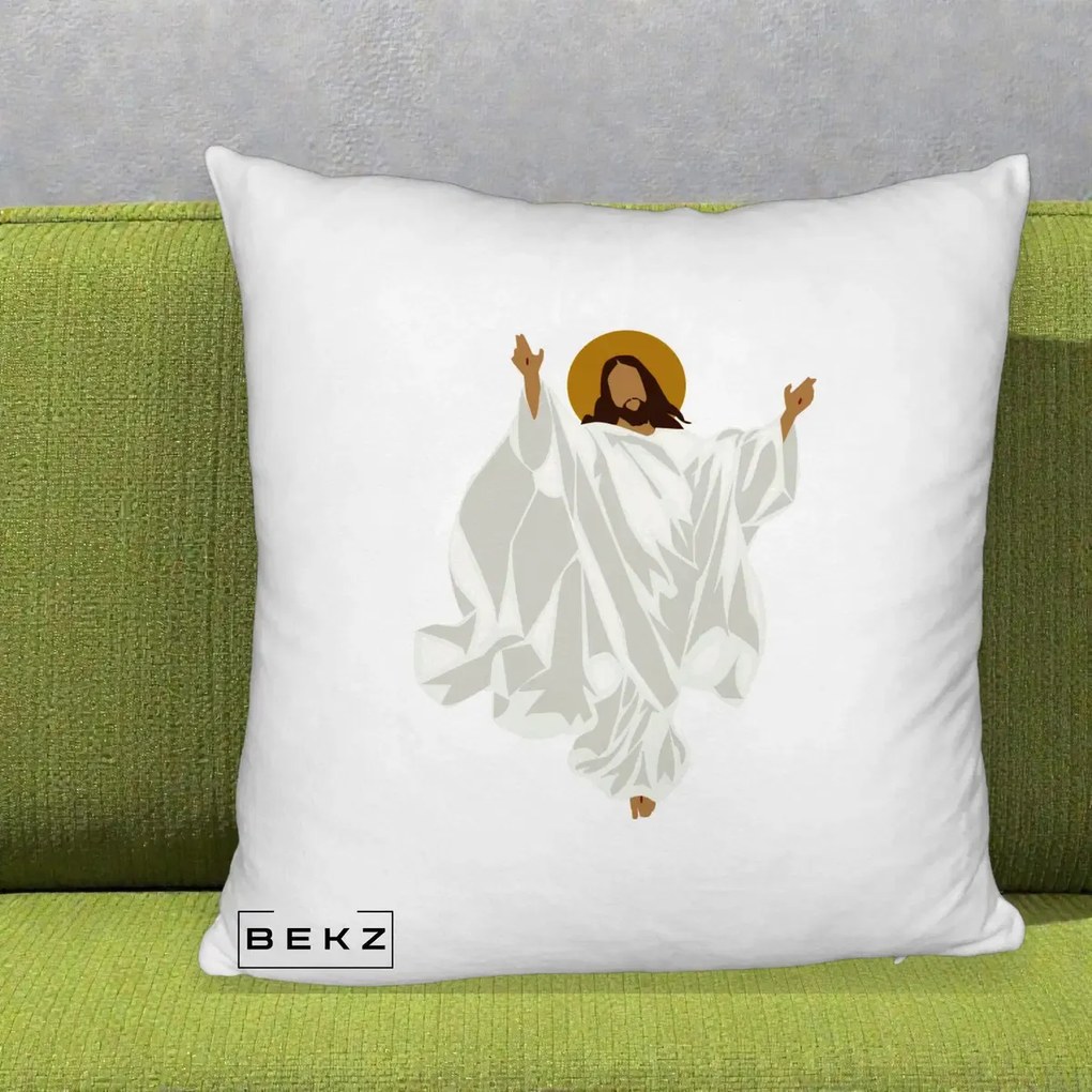 Perna decorativa Iisus Hristos Invierea Silueta Minimalista, 40x40 cm cu Umplutura, Alb Pufos, BEKZ