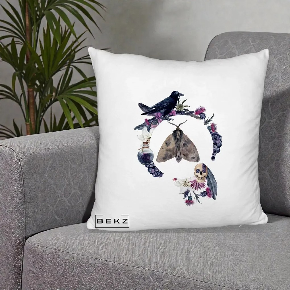Perna Decorativa Gothic Wreath Corb Moliu Craniu, 40x40 cm, Alb Pufos, Husa Detasabila, Perna Inclusa, BEKZ®