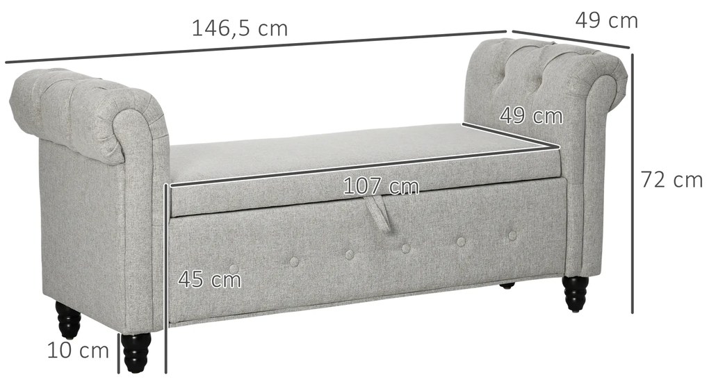 HOMCOM Banca cu depozitare, canapea cu două funcții în material textil aspect lin cu picioare de lemn 146,5 x 49 x 72 cm gri | Aosom Romania