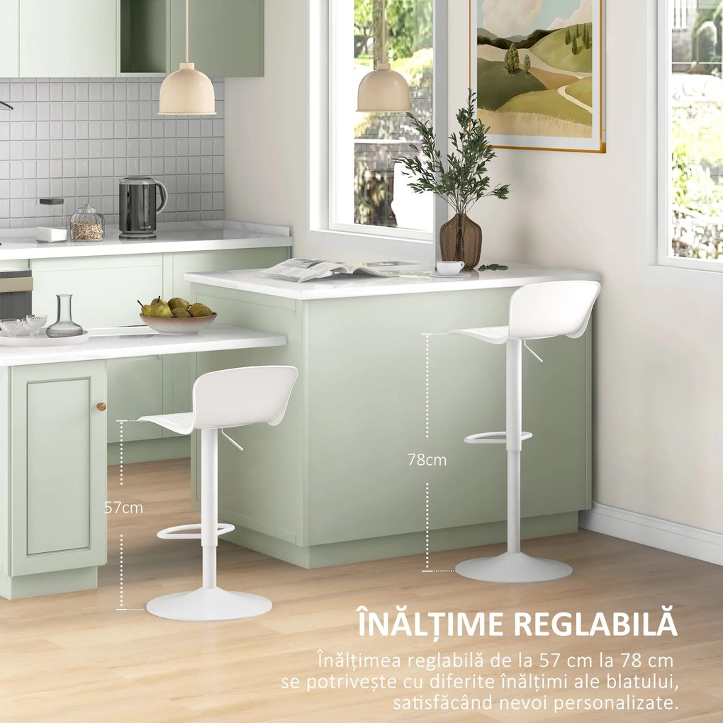 HOMCOM Set 2 Scaune de Bar cu Spătar Ergonomic, Suport pentru Picioare și Șezut Rotativ, 38,5x40x76,5-97,5 cm, Alb | Aosom Romania