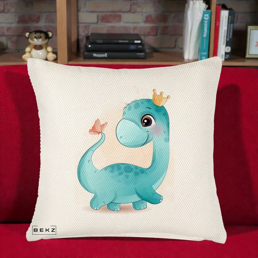 Perna personalizata cu Dinozaur Bland Coroana Kawaii, 45x45 cm cu Umplutura, Crem Reliefat, BEKZ