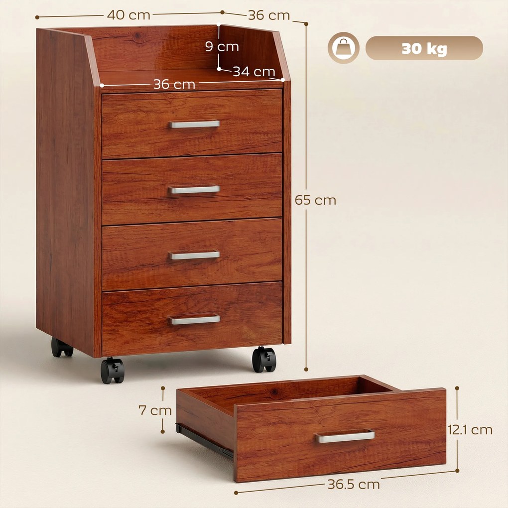Vinsetto Comodă de birou pe roți Comodă de birou cu 4 sertare Archivator mobil pentru studiu 40x36x65 cm Maro | Aosom Romania