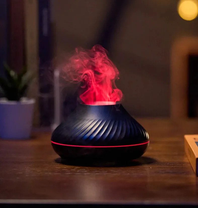 Umidificator cu difuzor de aroma cu flacara falsa 3D lumina de noapte cu 7 culori, difuzor de uleiuri esentiale si ceata rece cu ultrasunete, negru, 130 ml