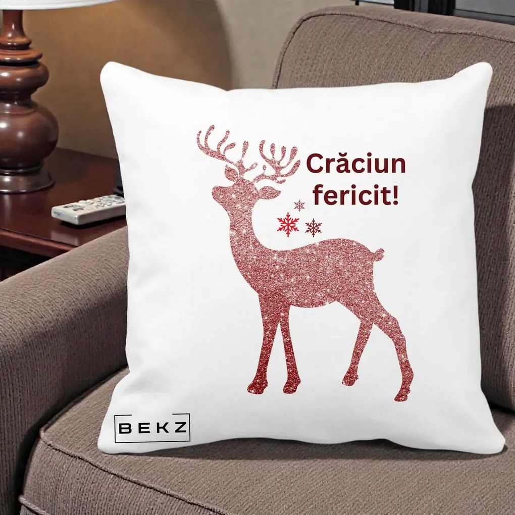 Perna Decorativa Ren Sclipitor Glitter Craciun Fericit, 40x40 cm, Alba Mata, Husa Detasabila, Perna Inclusa, BEKZ®