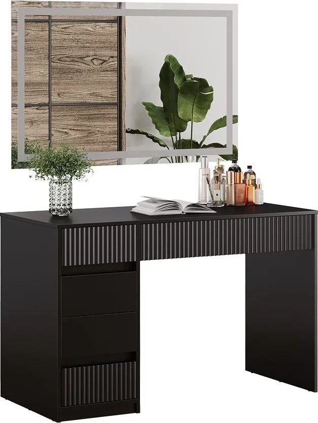 Masuta machiaj cu Oglinda LED si 5 Sertare pentru Cosmetice, Set Masa toaleta 120 cm, Negru, masuta cosmetica, vanity - SEN256