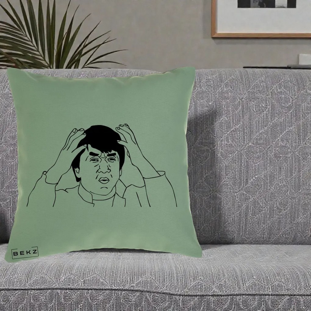 Perna Decorativa Jackie Chan WTF, 40x40 cm, Verde, Husa Detasabila, Perna Inclusa, BEKZ®