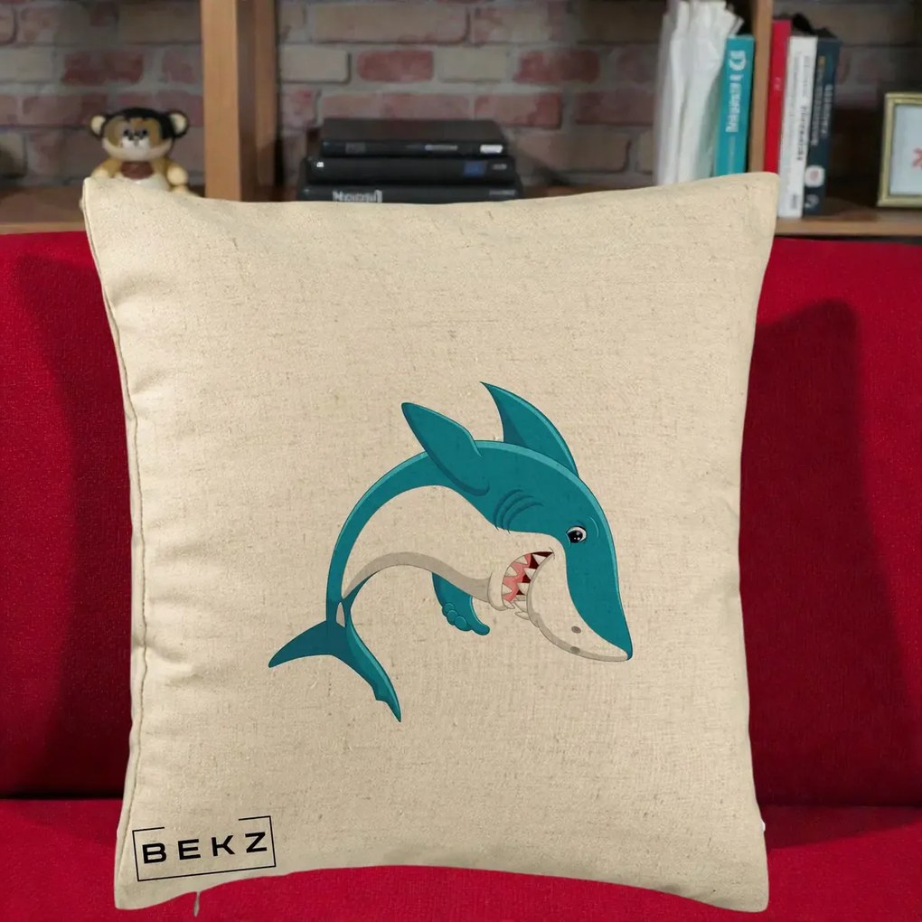 Perna Decorativa Rechin Albastru Cartoon, 40x40 cm, Bej, Husa Detasabila, Perna Inclusa, BEKZ®
