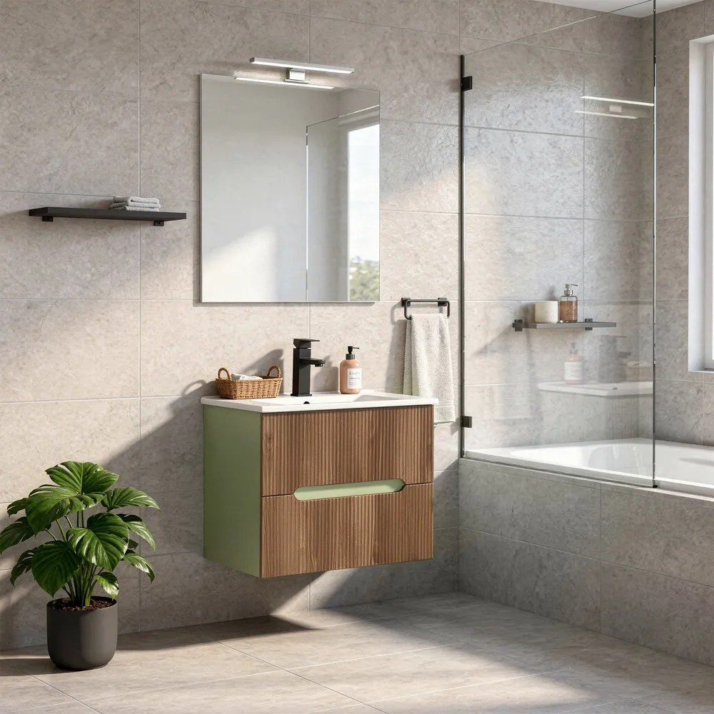 Trent 60 dulap de baie inferior cu chiuvetă ceramică (2 sertare) verde fistic - stejar apus de soare