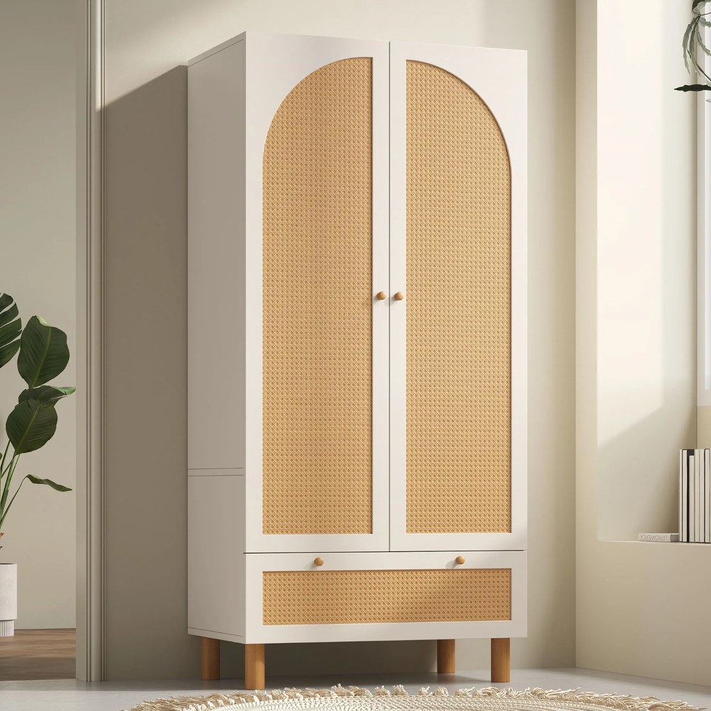 Dulap pentru haine cu 2 uși, front din ratan, sertar mare, rafturi reglabile pe înălțime și bară pentru haine, 180x85x52 cm, Alb