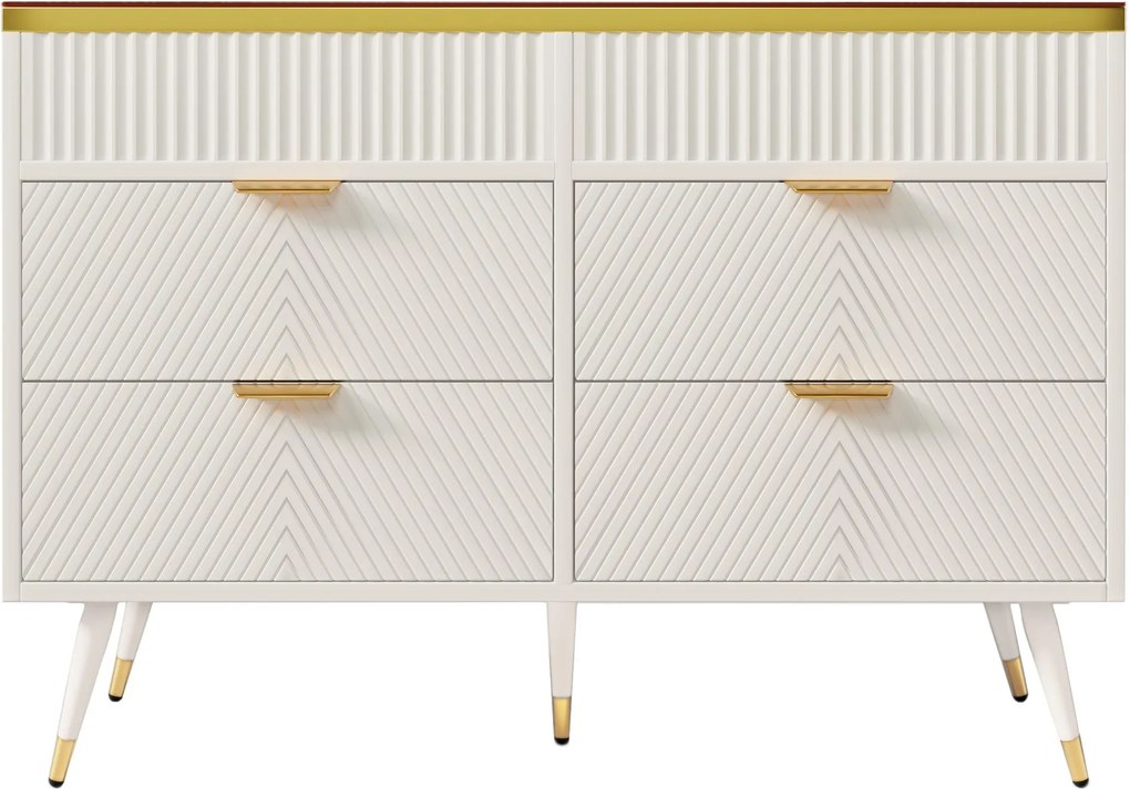 Comodă cu 6 sertare și sticlă chihlimbar, dulap înalt pentru dormitor și living, 120x40x76 cm, Alb