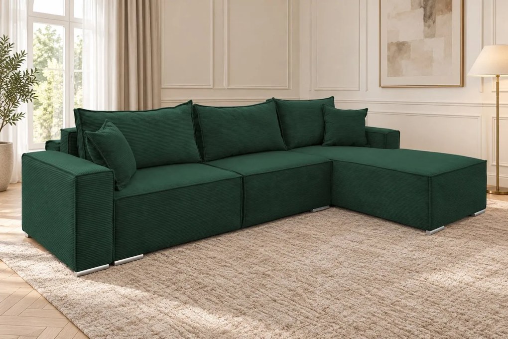 Colțar extensibil Livia din catifea reiată, verde, colț pe dreapta, cu ladă de depozitare