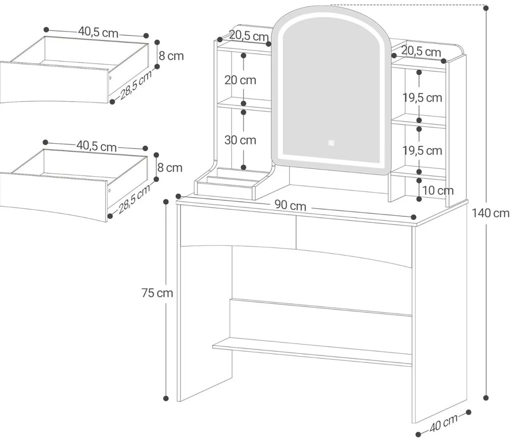 SEA910 - Set Masa toaleta 90 cm, cosmetica machiaj, oglinda cu LED, masuta vanity- Alb