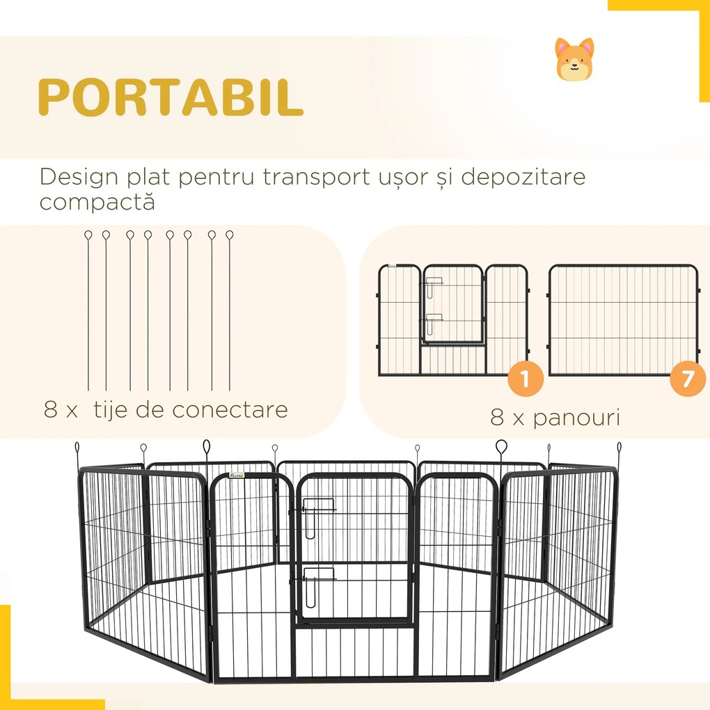 PawHut Tarc pentru Câini 8 Piese Modulare, Oțel, Ideal pentru Interior/Exterior, 80x60 cm, Negru | Aosom Romania