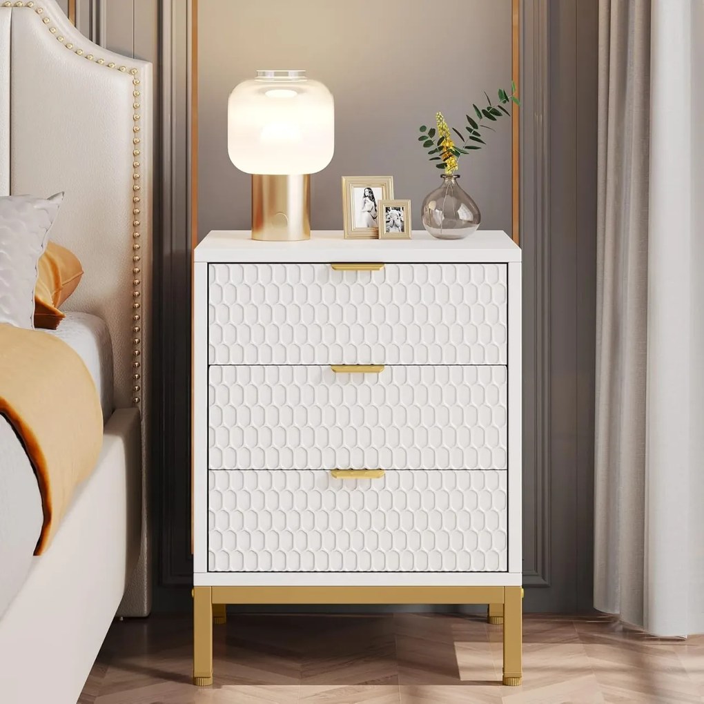 NOA70 - Set 2x Noptiere 50 cm, cu 3 sertare, dormitor - Alb - Auriu
