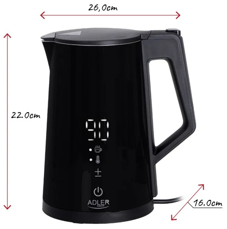 Cana electrica Adler AD 1345, Digitala, 40-100C, 2200W, 1.7L, STRIX, Negru