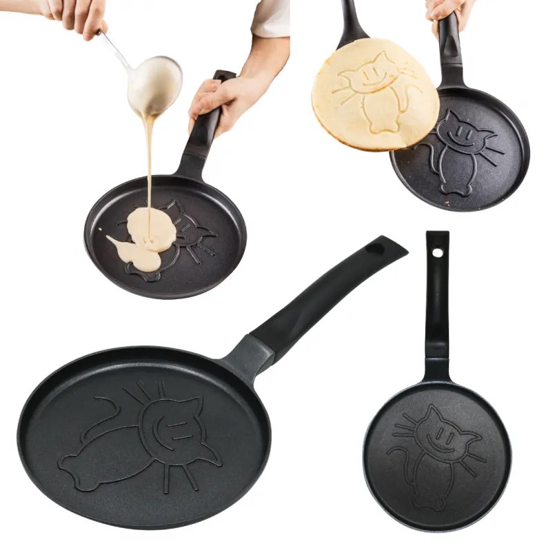 Plită pentru clătite Klausberg KB 7973, 18 cm, Fund în relief cu pisicuță, Acoperire antiaderentă, fără PFOA, Inducție, Negru