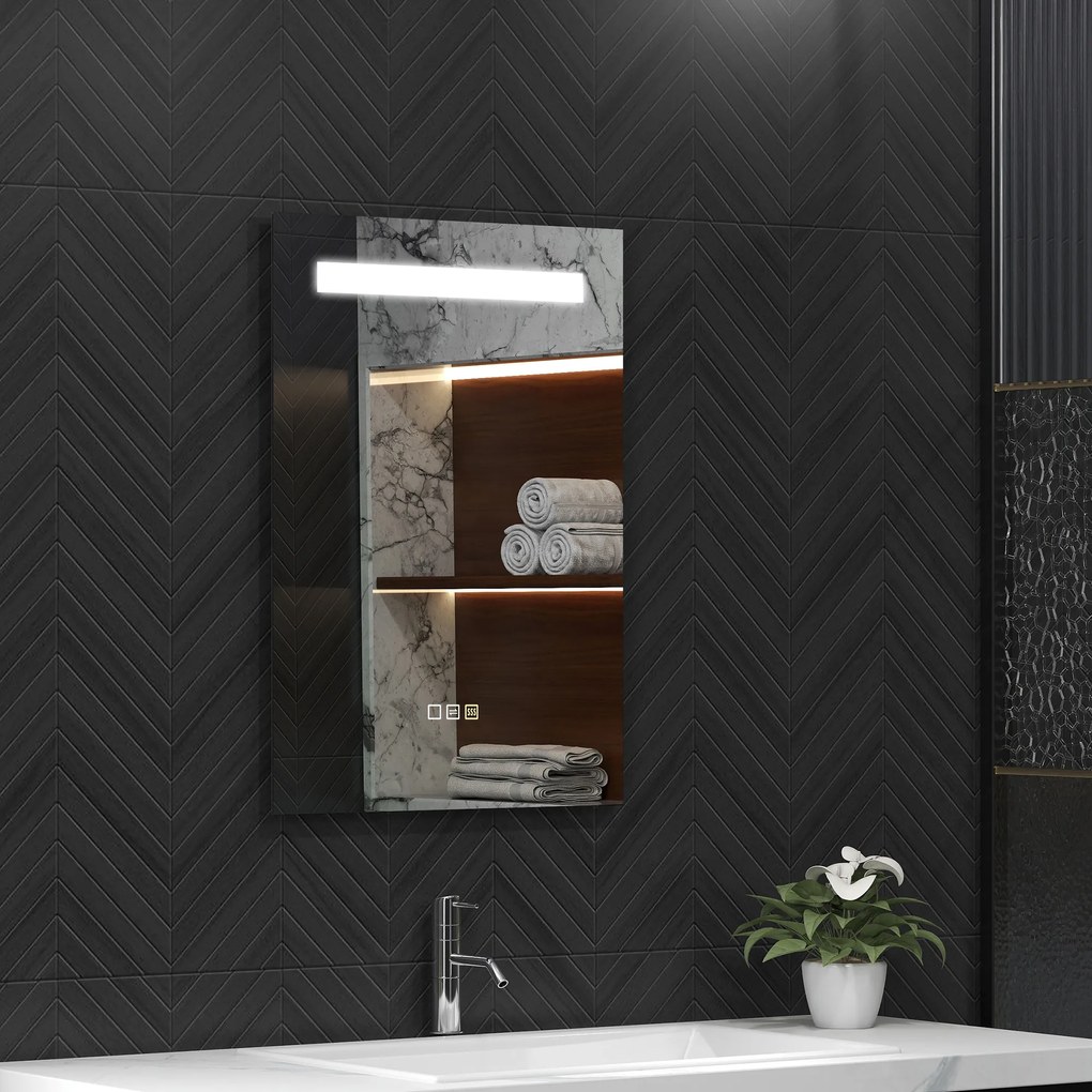 HOMCOM Oglindă de baie cu lumină LED 70x50 cm cu 3 culori de lumină, funcție anti-aburire, funcție memorie, IP44 | Aosom Romania