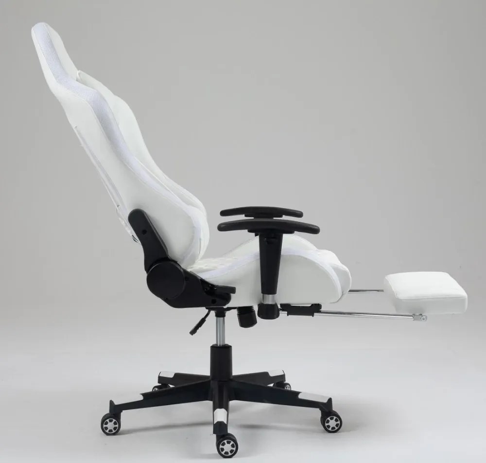 RESIGILAT- Scaun gaming, masaj în perna lombară, suport picioare, funcție șezlong, 90-180 grade, piele ecologica, Alb