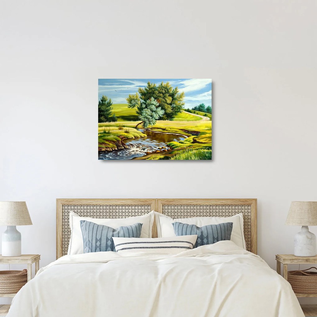 Tablou pe sticlă - Râu între câmpii, pictură în ulei (70x50 cm)