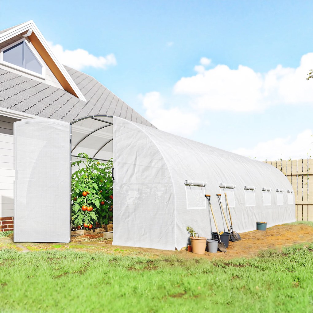 Outsunny Seră tunel de grădină 24 m², seră tunel cu uși și 12 ferestre cu plasă, 295x798x199 cm, alb | Aosom Romania