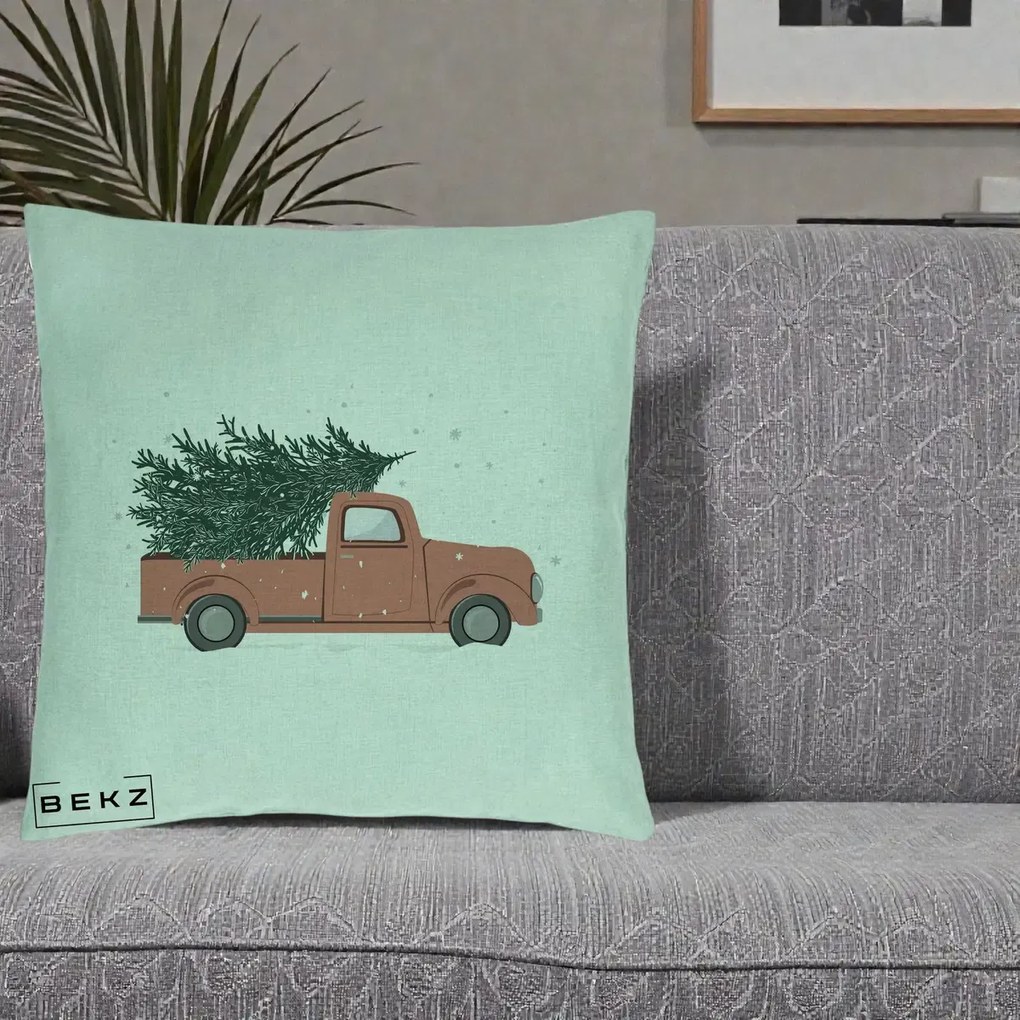Perna Decorativa Camioneta Terracotta Brad de Craciun, 40x40 cm, Verde Menta, Husa Detasabila, Perna Inclusa, BEKZ®