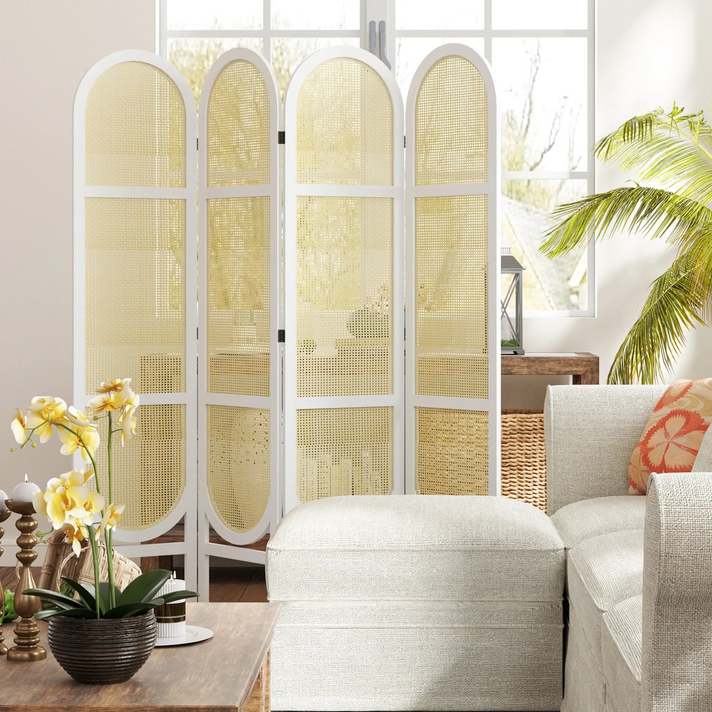 HOMCOM Paravent interior din lemn 4 panouri 170 x 160 cm pliabil și portabil, model țesut manual, alb | Aosom Romania