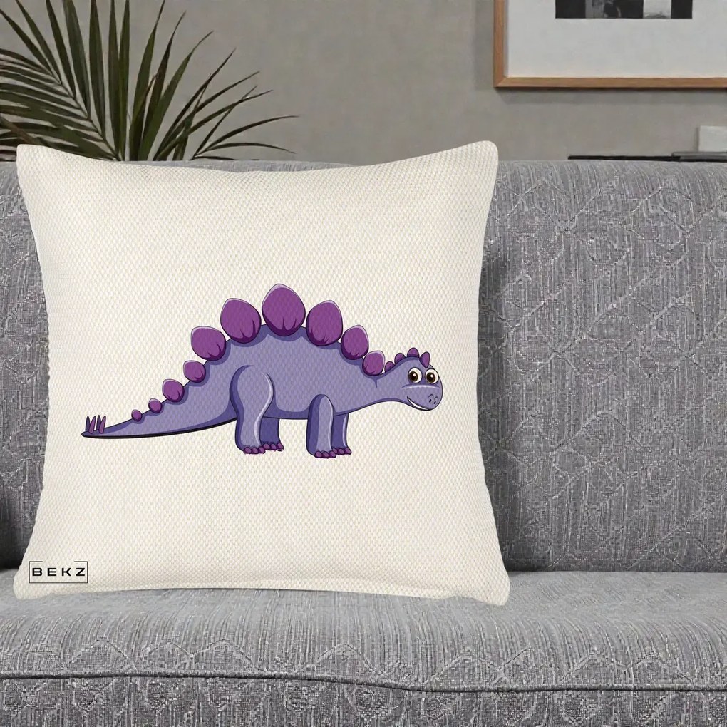 Perna Personalizata Stegozaur Mov, 40x40 cm, Crem Reliefat, Husa Detasabila, Perna Inclusa, BEKZ®