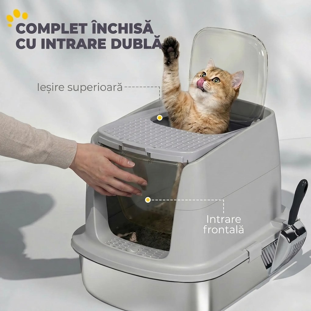PawHut Litieră Închisă pentru Pisici din Oțel Inoxidabil, cu Capac Rabatabil, Acces Dublu și Paletă, Gri Deschis | Aosom Romania