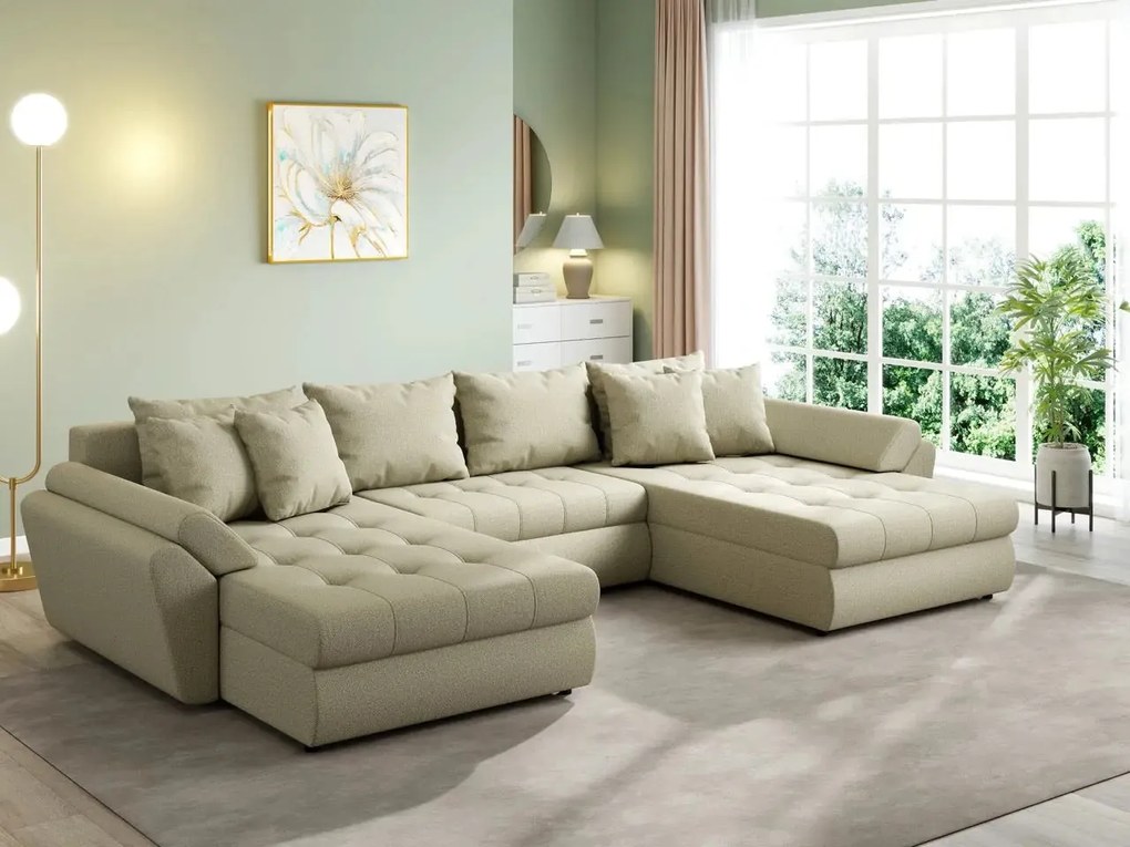 Colțar extensibil dumonde cu ladă de depozitare si sezut confortabil din spuma high-density, Loana U Enjoy Camel 355x185 cm