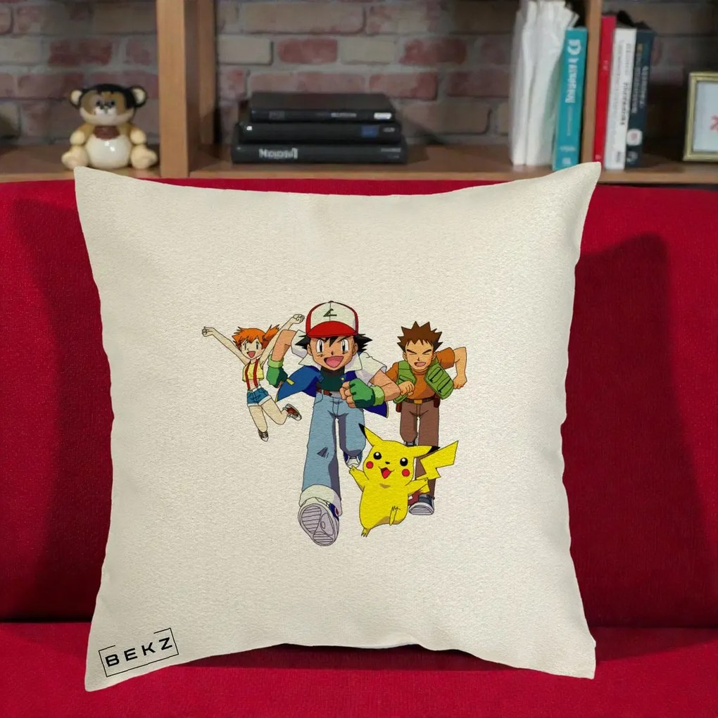 Perna Personalizata Pokemon Ash Misty Brock si Pikachu, 40x40 cm, Ecru, Husa Detasabila, Perna Inclusa, BEKZ®