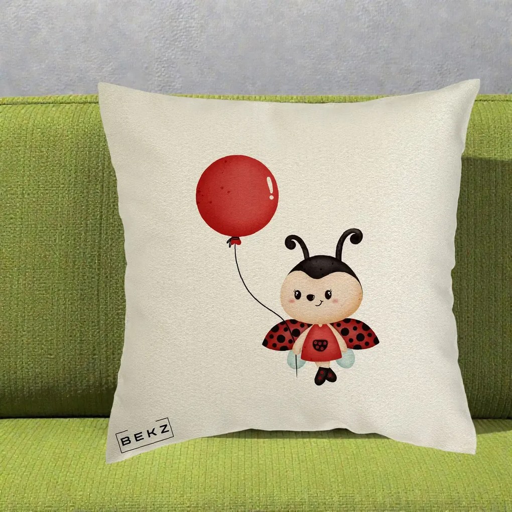 Perna Decorativa Buburuza cu Balon Rosu, 40x40 cm, Ecru, Husa Detasabila, Perna Inclusa, BEKZ®