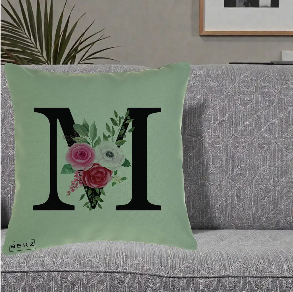Cadou Personalizat - Perna Personalizata Monograma Florala Litera M cu Trandafiri si Anemona, 40x40 cm, Verde, Husa Detasabila, Perna Inclusa, BEKZ®