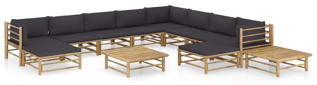 3058228 vidaXL Set mobilier de grădină cu perne gri închis, 12 piese, bambus