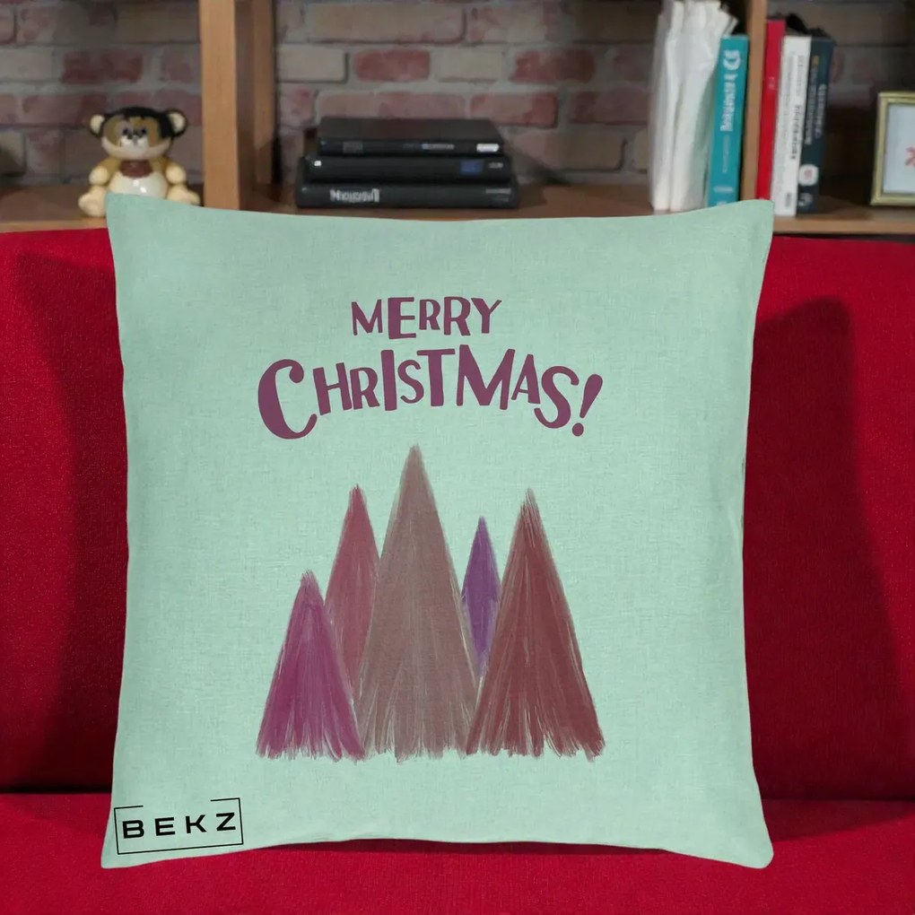 Perna Decorativa Merry Christmas Brazi Roz, 40x40 cm, Verde Menta, Husa Detasabila, Perna Inclusa, BEKZ®