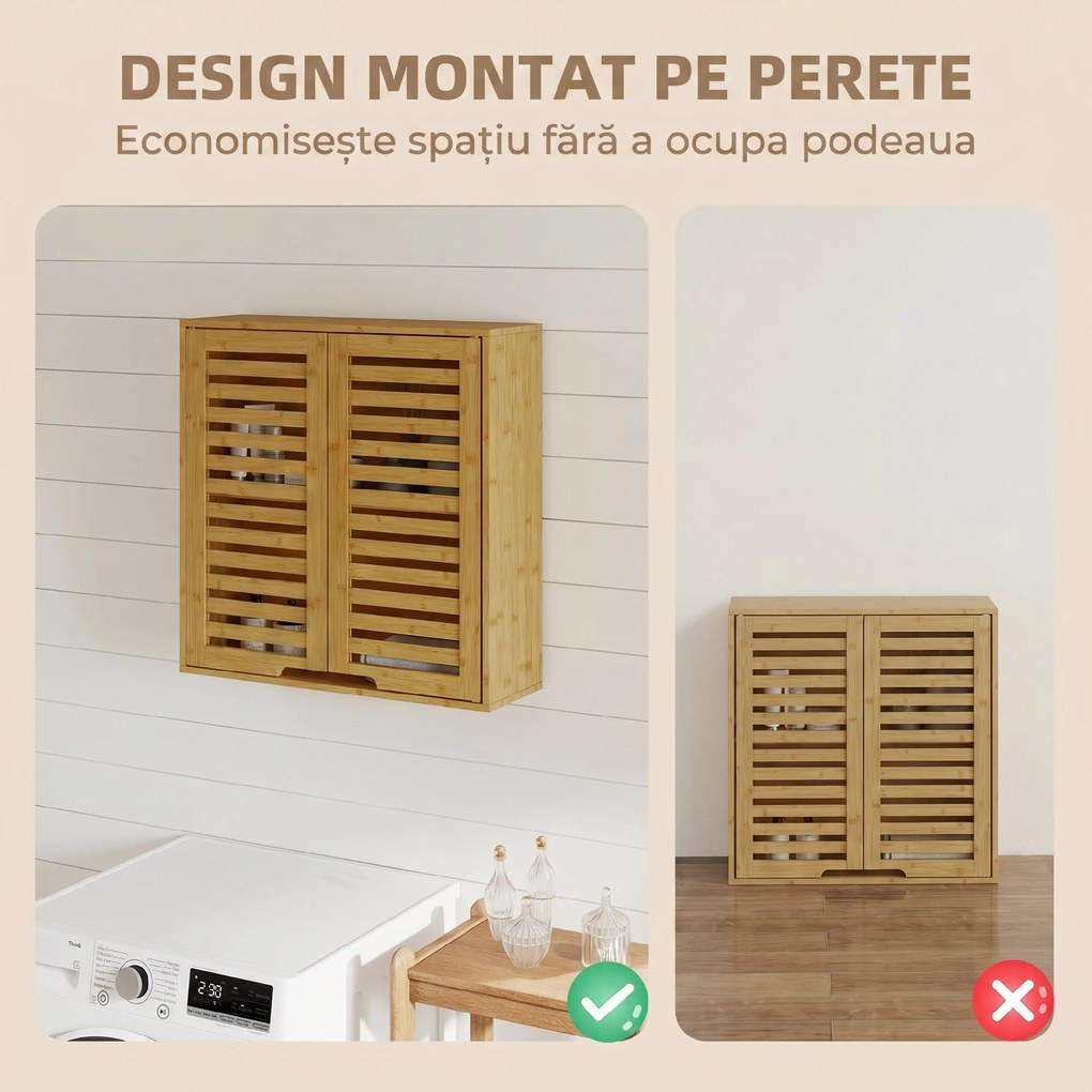 HOMCOM Dulap de Baie cu Raft Intern Reglabil și Uși Tip Lamă, din Bambus, 60x20x60 cm, Culoare Lemn | Aosom Romania