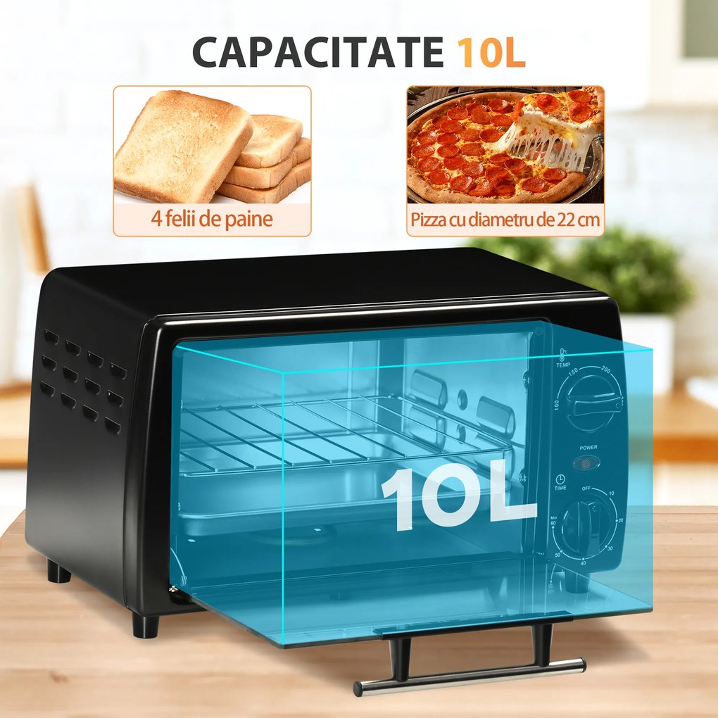 Mini Cuptor electric negru 36,5x26x22cm ,HOMCOM, 10L, temporizator, grila si tava incluse, 750 W, | Aosom Romania