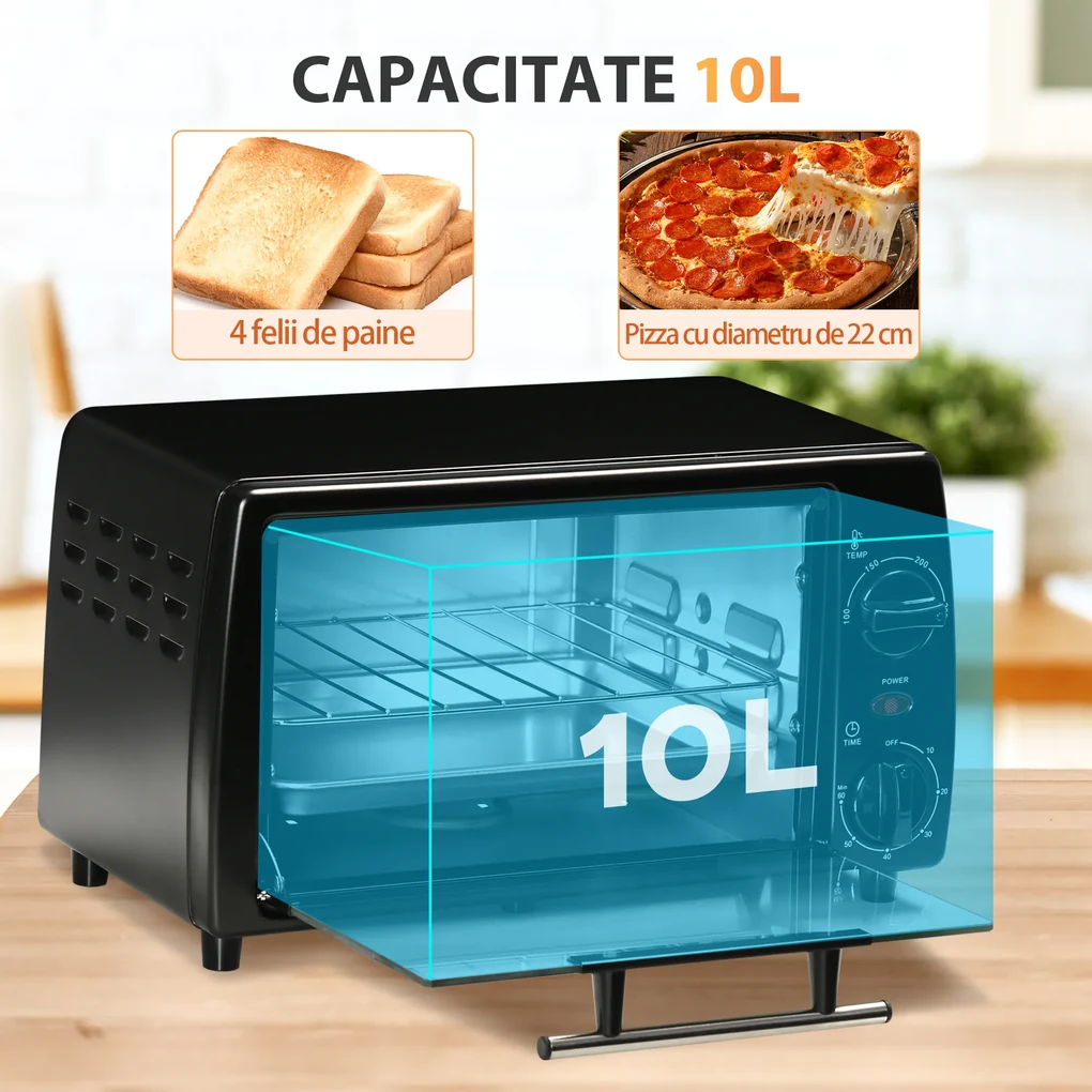 Mini Cuptor electric negru 36,5x26x22cm ,HOMCOM, 10L, temporizator, grila si tava incluse, 750 W, | Aosom Romania