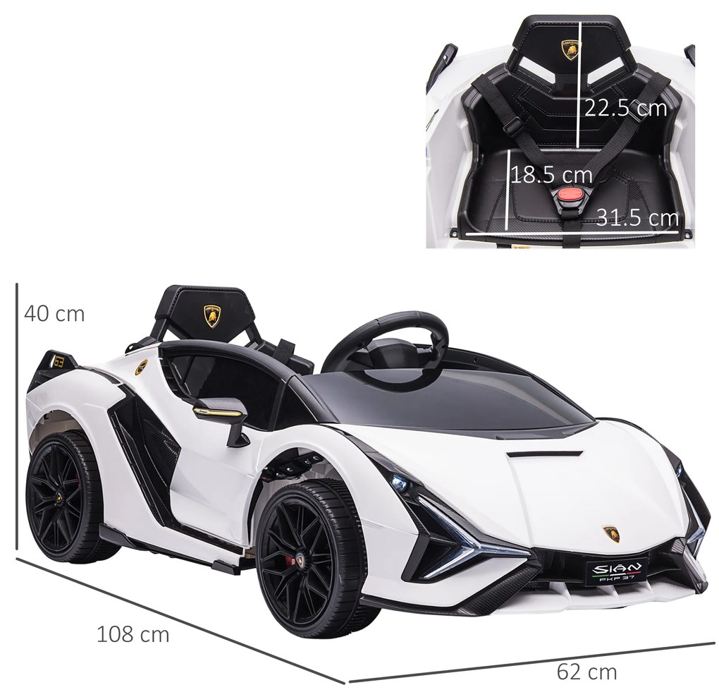 HOMCOM Mașină Electrică pentru Copii 3-5ani, Mașinuță Electrică Lamborghini cu Faruri, Muzică și Telecomandă, 108x62x40cm, Alb | Aosom Romania