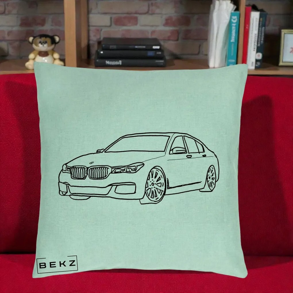 Perna Personalizata BMW Seria 7 Linie Minimalista, 40x40 cm, Verde Menta, Husa Detasabila, Perna Inclusa, BEKZ®