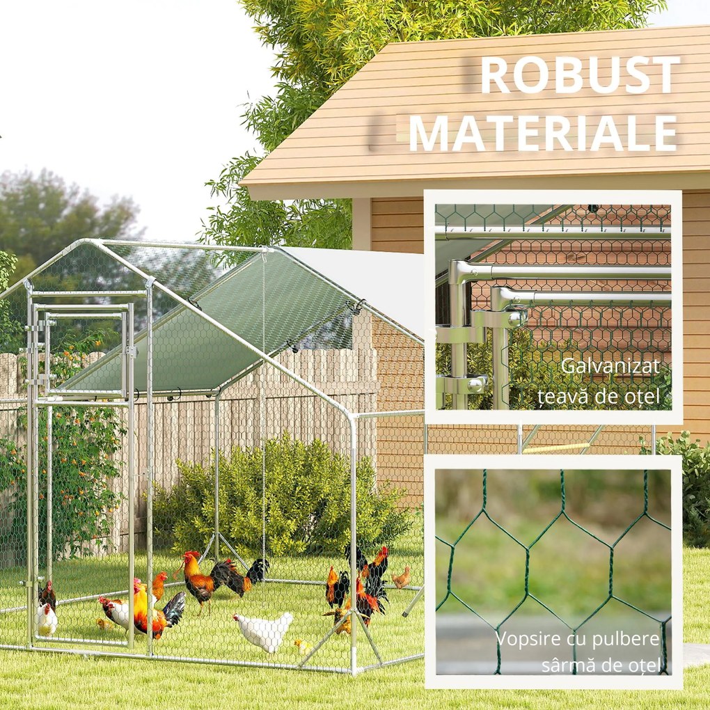 PawHut Coteț pentru găini, țarc exterior pentru găini, cu prelată rezistentă la UV, plasă din oțel, distribuitor de hrană, pentru 12-18 găini | Aosom Romania