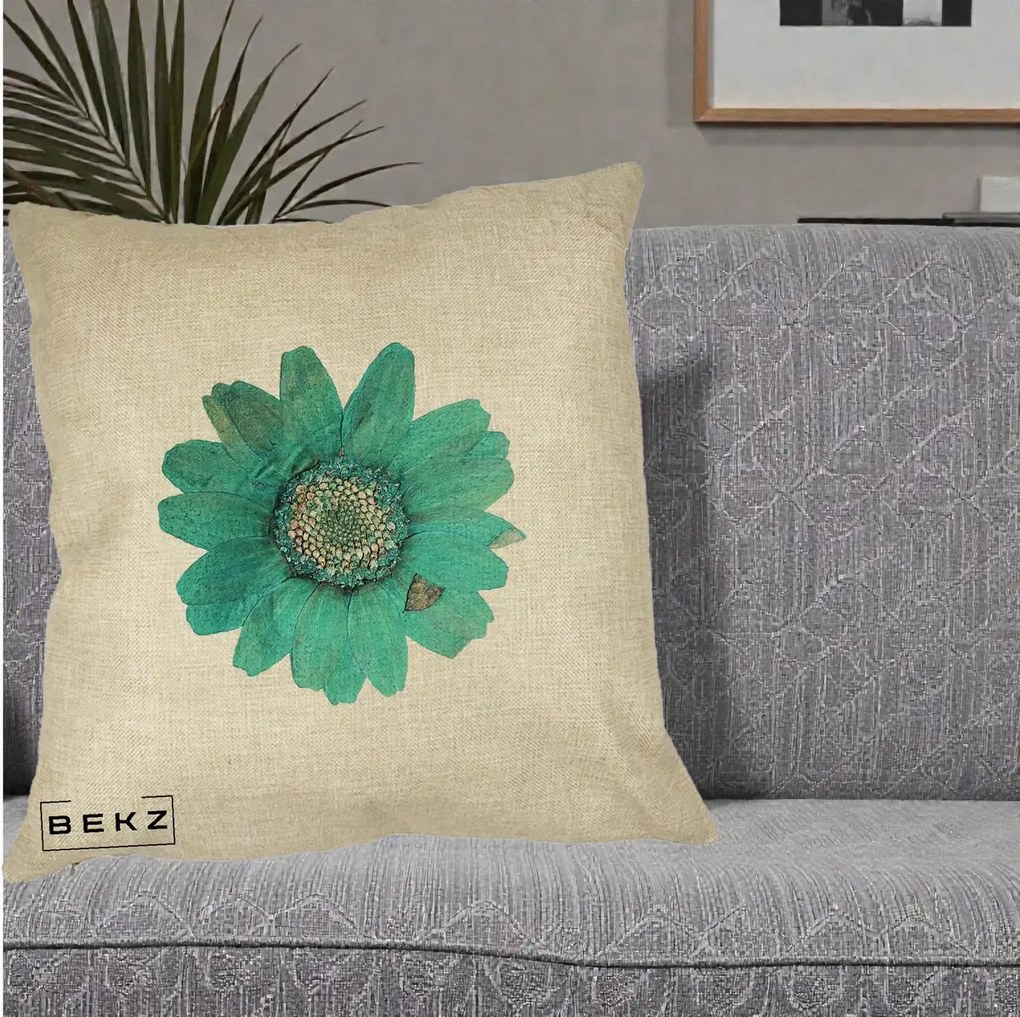 Perna Decorativa Floare Gerbera Teal Acuarela, 40x40 cm, Crem, Husa Detasabila, Perna Inclusa, BEKZ®