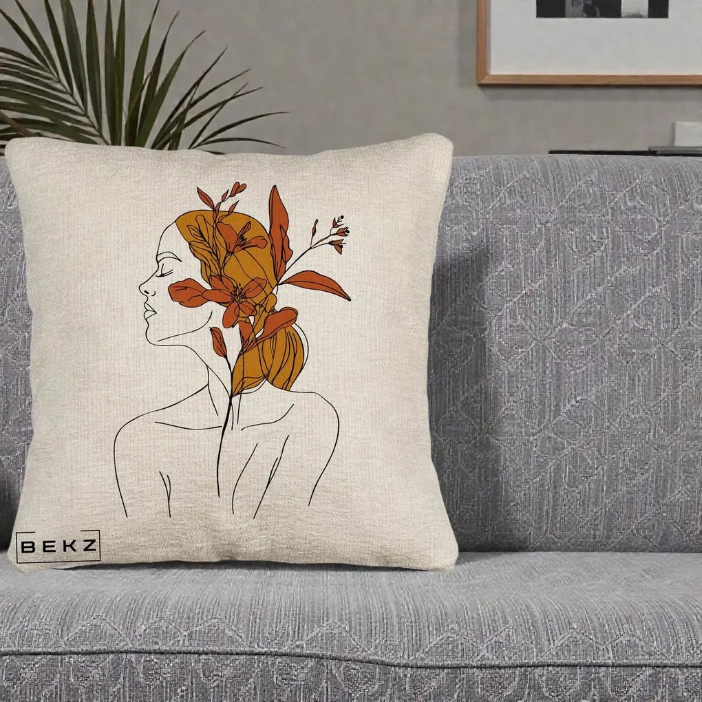 Perna Decorativa Portret Feminin Crin Ruginiu Auriu, 40x40 cm, Bej Canapea, Husa Detasabila, Perna Inclusa, BEKZ®