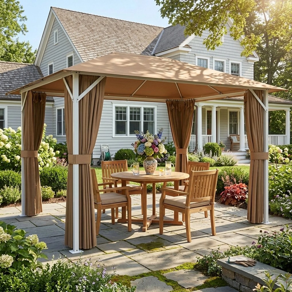 Outsunny Tonelă de Grădină Pavilion Structură Metalică Stabilă 60mm Protecție UV50+ și 10 Orificii de Drenaj 394x294x255cm kaki | Aosom Romania