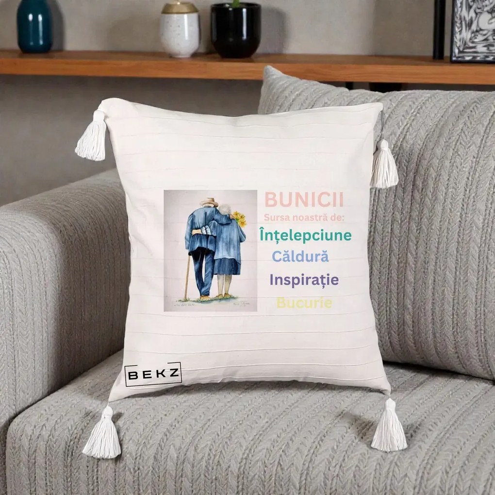Cadou pentru Bunici - Perna Personalizata Bunicii Sursa Intelepciune Caldura Acuarela, 40x40 cm, Bej cu Franjuri, Husa Detasabila, Perna Inclusa, BEKZ®