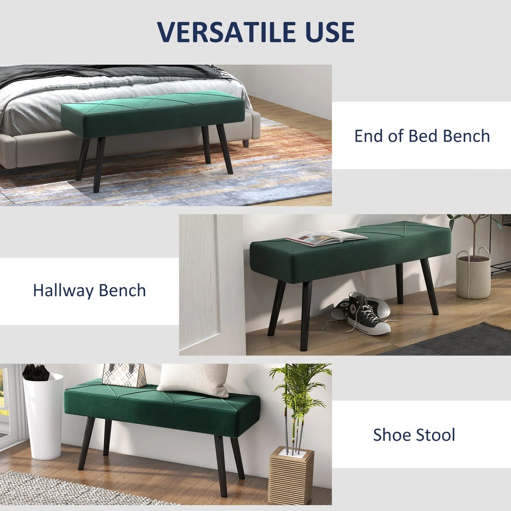 HOMCOM Bancă pentru Capătul Patului, Bancă cu Picioare din Oțel și Țesătură cu Efect de Catifea, 100x36x45 cm, Verde | Aosom Romania