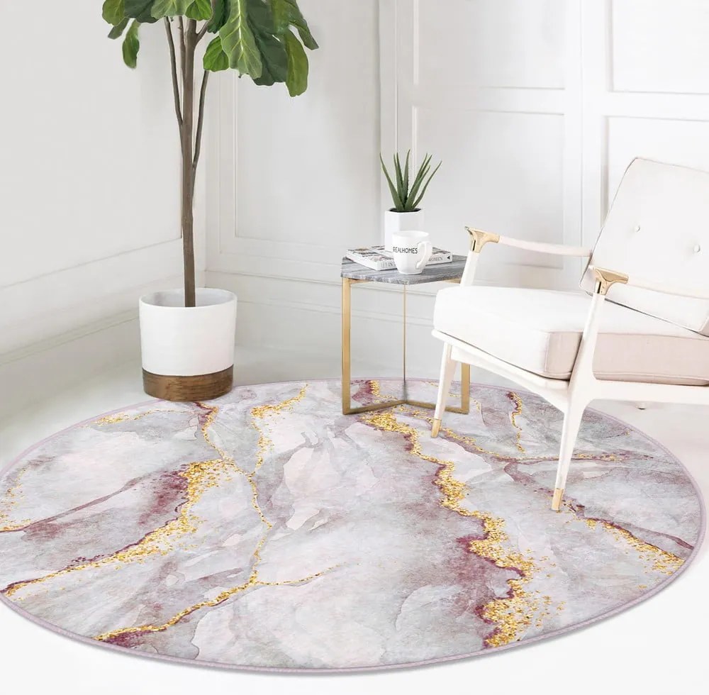 Covor roz deschis/auriu lavabil rotund ø 80 cm Marble – Mila Home