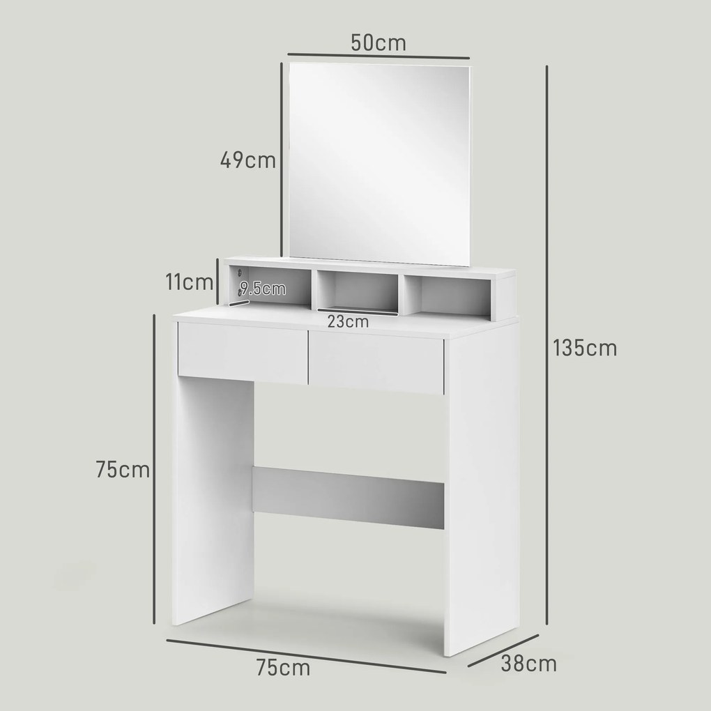 HOMCOM Masă de toaletă cu oglindă, 2 sertare, 3 compartimente, compactă, pentru dormitor, albă | Aosom Romania