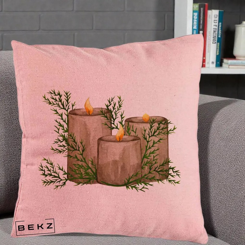 Perna Decorativa Lumanari Rustice cu Crengute Brad, 40x40 cm, Roz, Husa Detasabila, Perna Inclusa, BEKZ®
