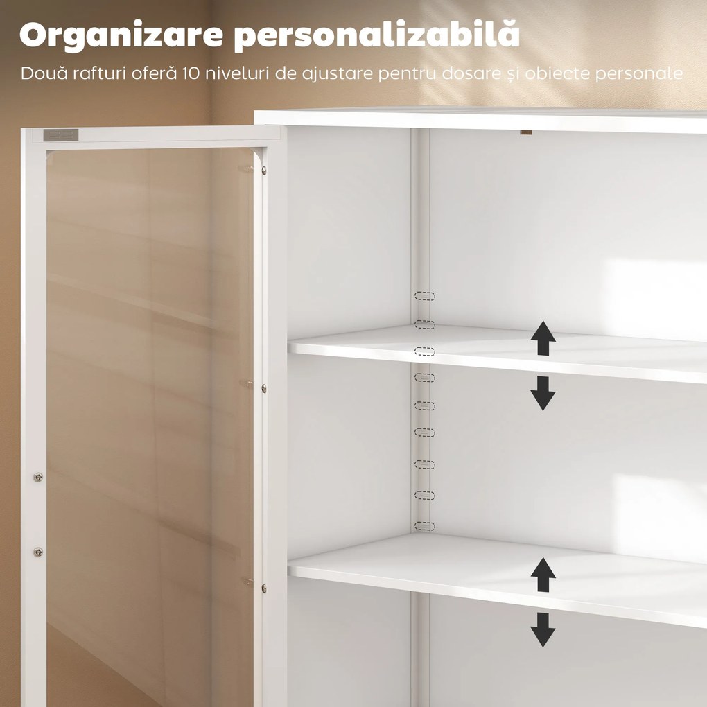 HOMCOM Dulap pentru Documente din Oțel cu 2 Uși din Sticlă Securizată, Dulap de Birou cu Rafturi Reglabile, Dulap Multifuncțional pentru Depozitare, Birou, Cameră de Studii, Casă, 80x40x110 cm, Alb | Aosom Romania