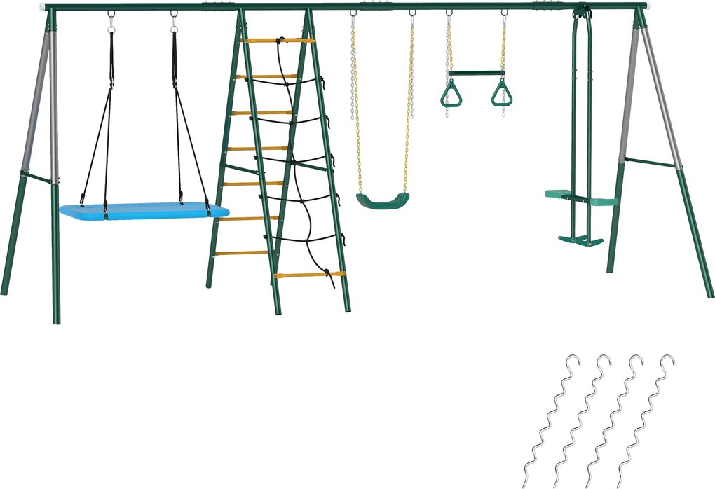 AIYAPLAY Cadru 5-în-1 pentru leagăn cu leagăn-tip-cuib reglabil, inele de gimnastică, scaun dublu, cadru de cățărare pentru 3-8 ani 440x175x203 cm | Aosom Romania